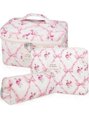 Floral Makeup Bag Set - Quilted Cosmetic Organizer, Cute Travel Toiletry Bags